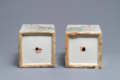 A pair of square Chinese vases with floral design, 19th C.