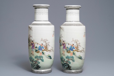 A pair of fine Chinese famille rose rouleau vases, Qianlong mark, Republic, 20th C.