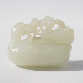 A Chinese jade group of two Mandarin ducks on lotus leaf, 19th C.