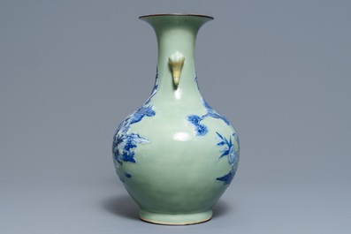 A Chinese blue and white on celadon ground bottle vase, 19th C.
