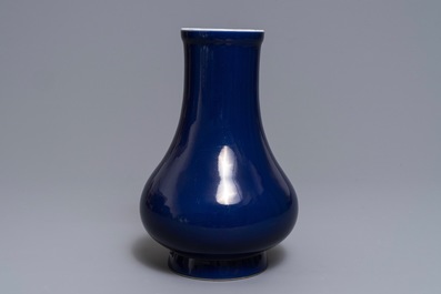 A Chinese monochrome 'sacrifical blue' pear-shaped vase, Yongzheng mark and of the period