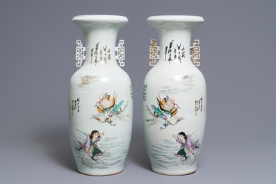 A pair of Chinese famille rose vases with ladies with a flower basket, 19/20th C.
