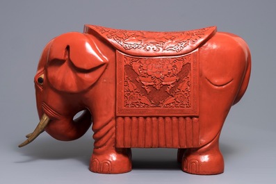 A Chinese cinnabar lacquer elephant stool, Republic, 20th C.