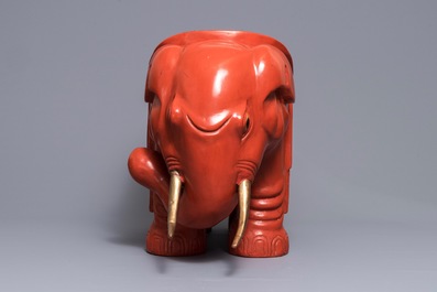 A Chinese cinnabar lacquer elephant stool, Republic, 20th C.