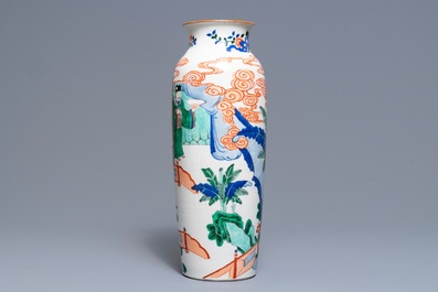 A Chinese wucai rouleau vase, 19th C.