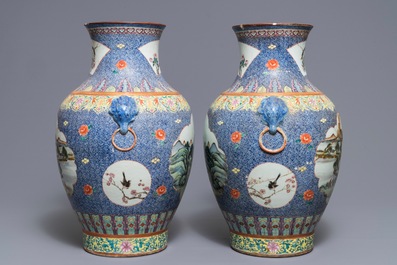 A pair of Chinese famille rose hu vases with landscape panels, Qianlong mark, Republic, 20th C.