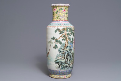 A fine Chinese famille rose rouleau vase, Qianlong mark, Republic, 20th C.