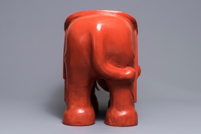 A Chinese cinnabar lacquer elephant stool, Republic, 20th C.