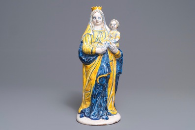 A large French faience figure of the Virgin with Child, Nevers, 17th C.