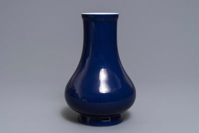 A Chinese monochrome 'sacrifical blue' pear-shaped vase, Yongzheng mark and of the period