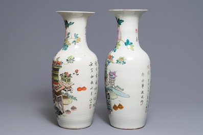 Two Chinese qianjiang cai vases with antiquities design, 19/20th C.