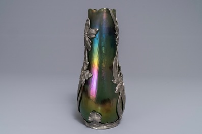 A Loetz Art Nouveau iridescent glass vase with Van Hauten pewter mount, 1st half 20th C.