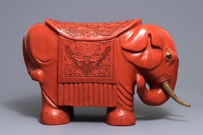 A Chinese cinnabar lacquer elephant stool, Republic, 20th C.