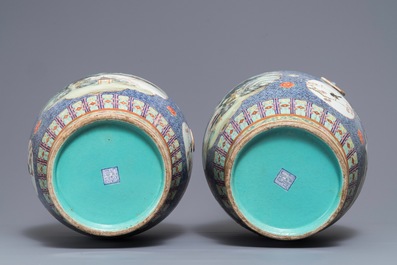 A pair of Chinese famille rose hu vases with landscape panels, Qianlong mark, Republic, 20th C.