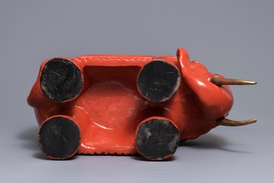 A Chinese cinnabar lacquer elephant stool, Republic, 20th C.