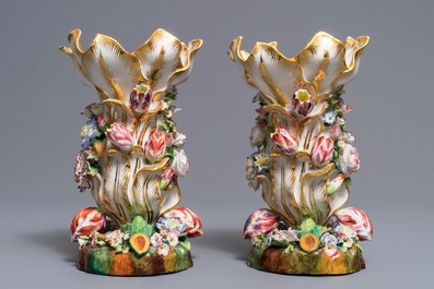 A pair of vases with applied floral design, Jacob Petit, Paris, 19th C.