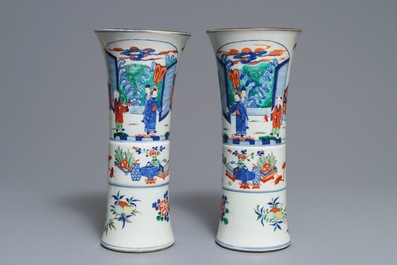 A pair of Chinese wucai gu vases, 19th C.