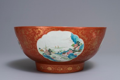 A large Chinese famille rose coral ground landscape bowl, Jiaqing