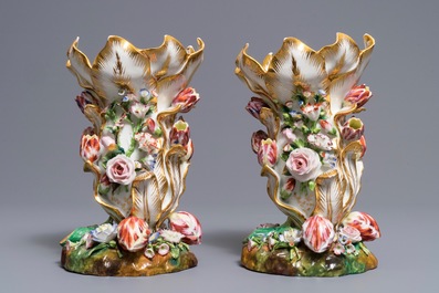 A pair of vases with applied floral design, Jacob Petit, Paris, 19th C.