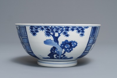 A Chinese blue and white bowl with floral and narrative panels, Kangxi mark and of the period