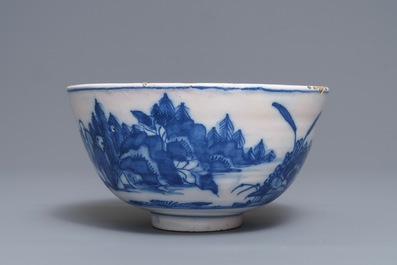 A Dutch Delft blue and white chinoiserie bowl, 17th C.