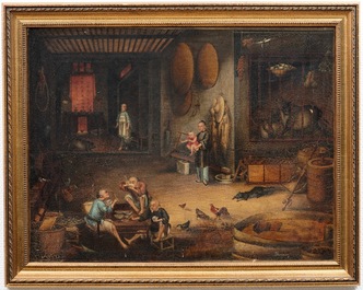 Tingqua (Canton, ca. 1809-1870): Theesc&egrave;ne in de stal, olie op doek, gesign. r.o.