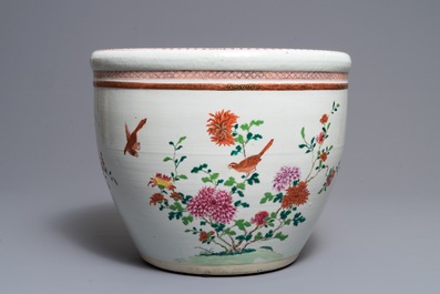 A Chinese famille rose fish bowl with birds among flowers, Qianlong