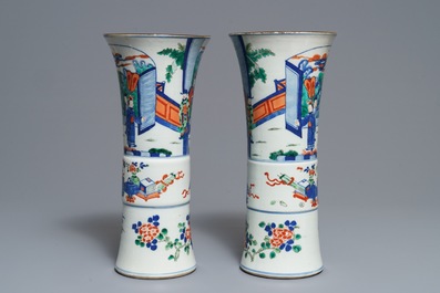 A pair of Chinese wucai gu vases, 19th C.