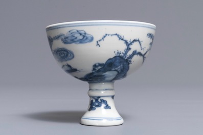 A Chinese blue and white 'landscape' stem cup, Wanli mark but prob. later