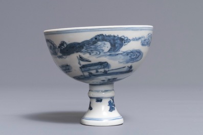 A Chinese blue and white 'landscape' stem cup, Wanli mark but prob. later