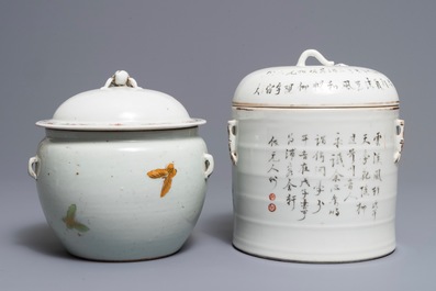 Deux bols couverts en porcelaine de Chine qianjiang cai et famille rose, 19/20&egrave;me