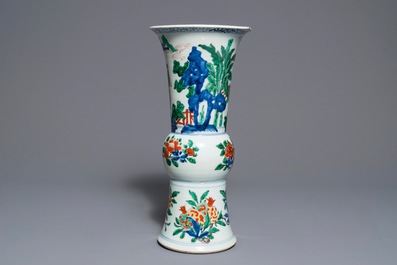 A Chinese wucai gu vase with figures, Shunzhi, Transitional period