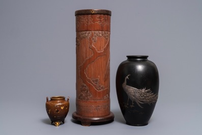 Two Japanese inlaid bronze vases and a bamboo 'eagle' ikebana, Japan, Meiji, 19/20th C.