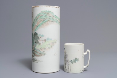 A Chinese qianjiang cai hat stand and a mug, signed Ren Huanzhang, 19th C.