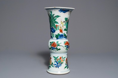 A Chinese wucai gu vase with figures, Shunzhi, Transitional period