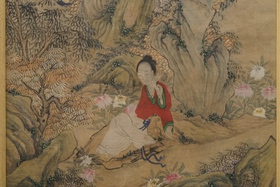 Ecole chinoise: Image du palais du printemps, 16/17&egrave;me et 'Guanyin aux servants', 19&egrave;me