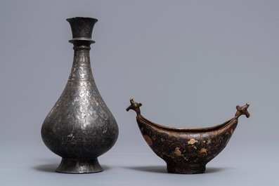 A lacquered brass 'kashkul' begging cup, Iran, and a bidriware vase, India, 18/19th C.