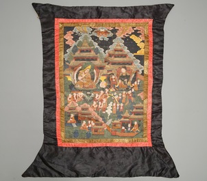 Drie grote thangkas met diverse decors, Tibet of Nepal, 19/20e eeuw