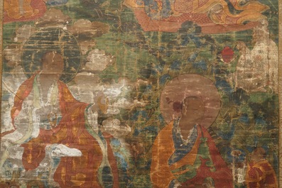 Een grote Sino-Tibetaanse thangka met decor van 'Drie Arhats',  18e eeuw