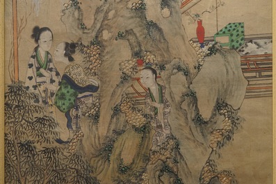 Chinese school: A view on the spring palace, 16/17th C. and 'Guanyin with servants', 19th C.