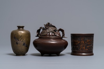 A Japanese inlaid bronze vase, a bronze censer and a parcel-gilt copper brush pot, Meiji, 19th C.