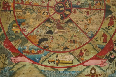 Drie grote thangkas met diverse decors, Tibet of Nepal, 19/20e eeuw