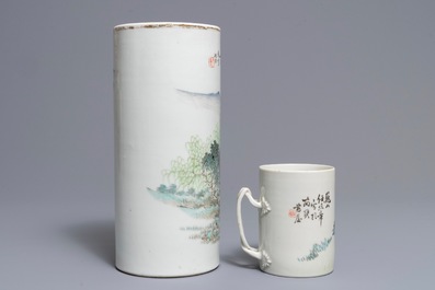 A Chinese qianjiang cai hat stand and a mug, signed Ren Huanzhang, 19th C.