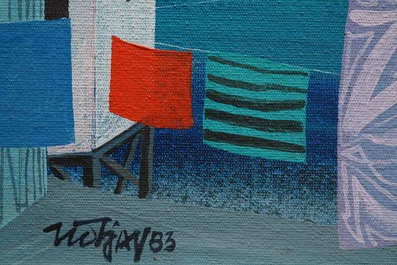 Tio Tjay (Indon&eacute;sie, 1946): Maisons de plage, huile sur panneau, dat&eacute;e 1983