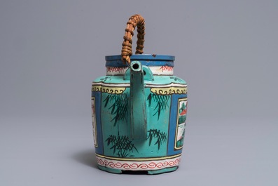 A Chinese enameled Yixing stoneware teapot and cover, 19th C.