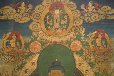 Drie grote thangkas met diverse decors, Tibet of Nepal, 19/20e eeuw