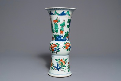 A Chinese wucai gu vase with figures, Shunzhi, Transitional period