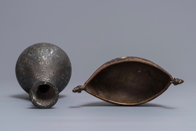 A lacquered brass 'kashkul' begging cup, Iran, and a bidriware vase, India, 18/19th C.