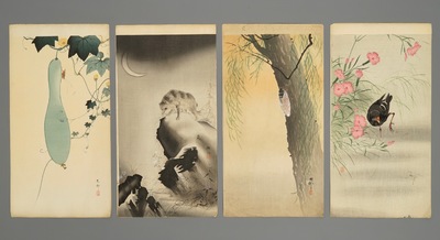 Tien Japanese aquarellen met decors van dieren en bloemen, Meiji, 19/20e eeuw
