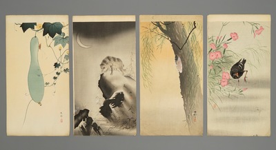 Ten Japanese watercolour paintings of animals and floral subjects, Meiji, 19/20th C.